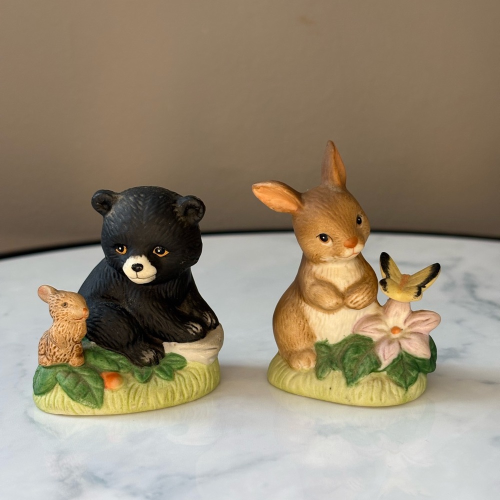 Vintage HOMCO Woodland Animals Figurines Bunny Bear #1418 Miniature Set of 2